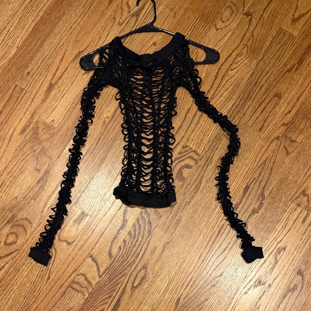 See You Monday Black Loop-Knit Long Sleeve Fitted Top, One Size. Clubwear.